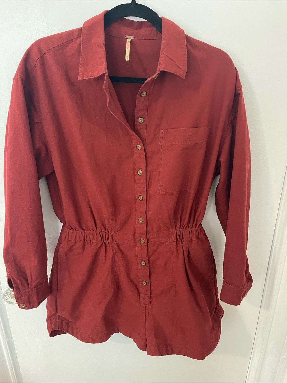 Free People Button-Front, Long-Sleeve Utility Romper Dress in Rust Red